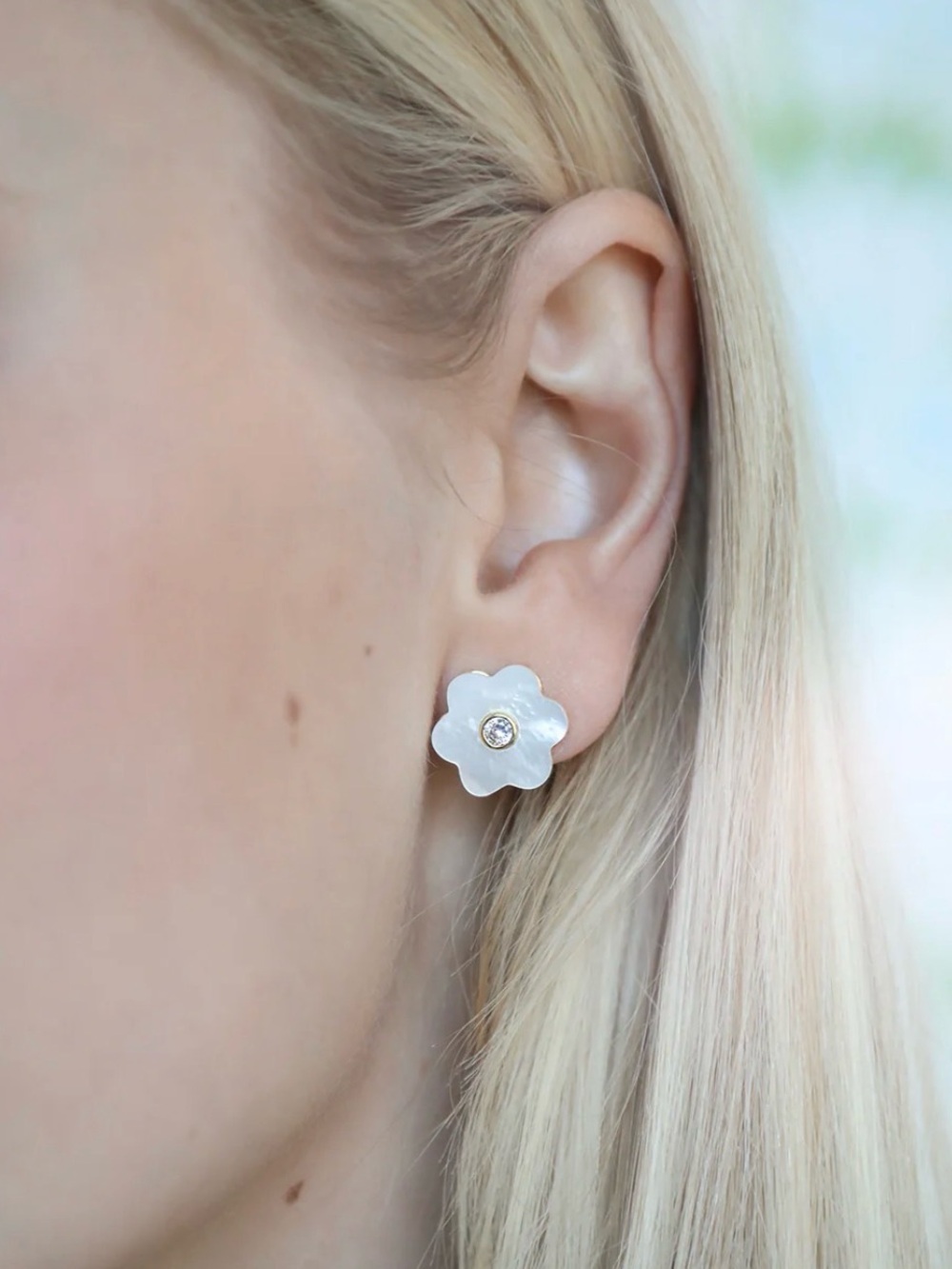 ASHA 14k gold dipped garden stud earrings in mother of pearl and white topaz .5”